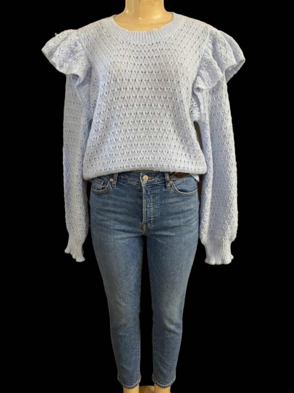 LOFT Pastel Blue Open-Knit Ruffle Shoulder Sweater - Picture 1 of 4